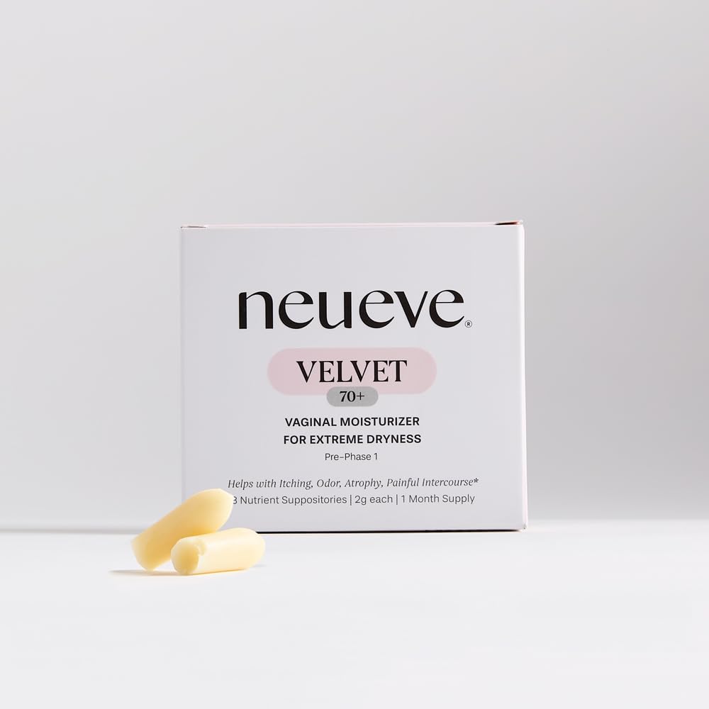 NeuEve Velvet 70+ bottle demonstrates non-hormonal moisture support for comfort.