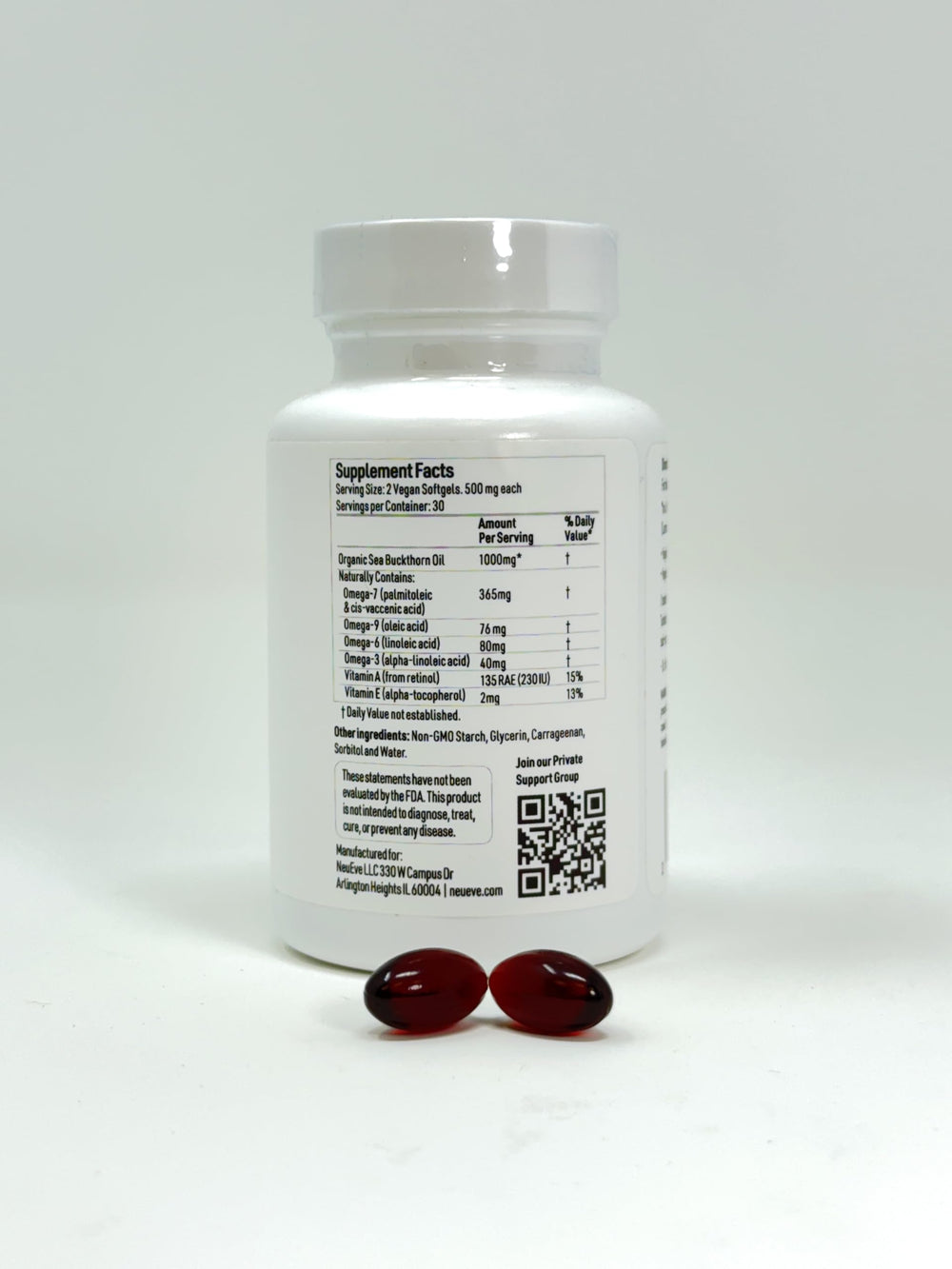 NeuEve 60-vegan-softgels bottle highlighted for a 1-month supply