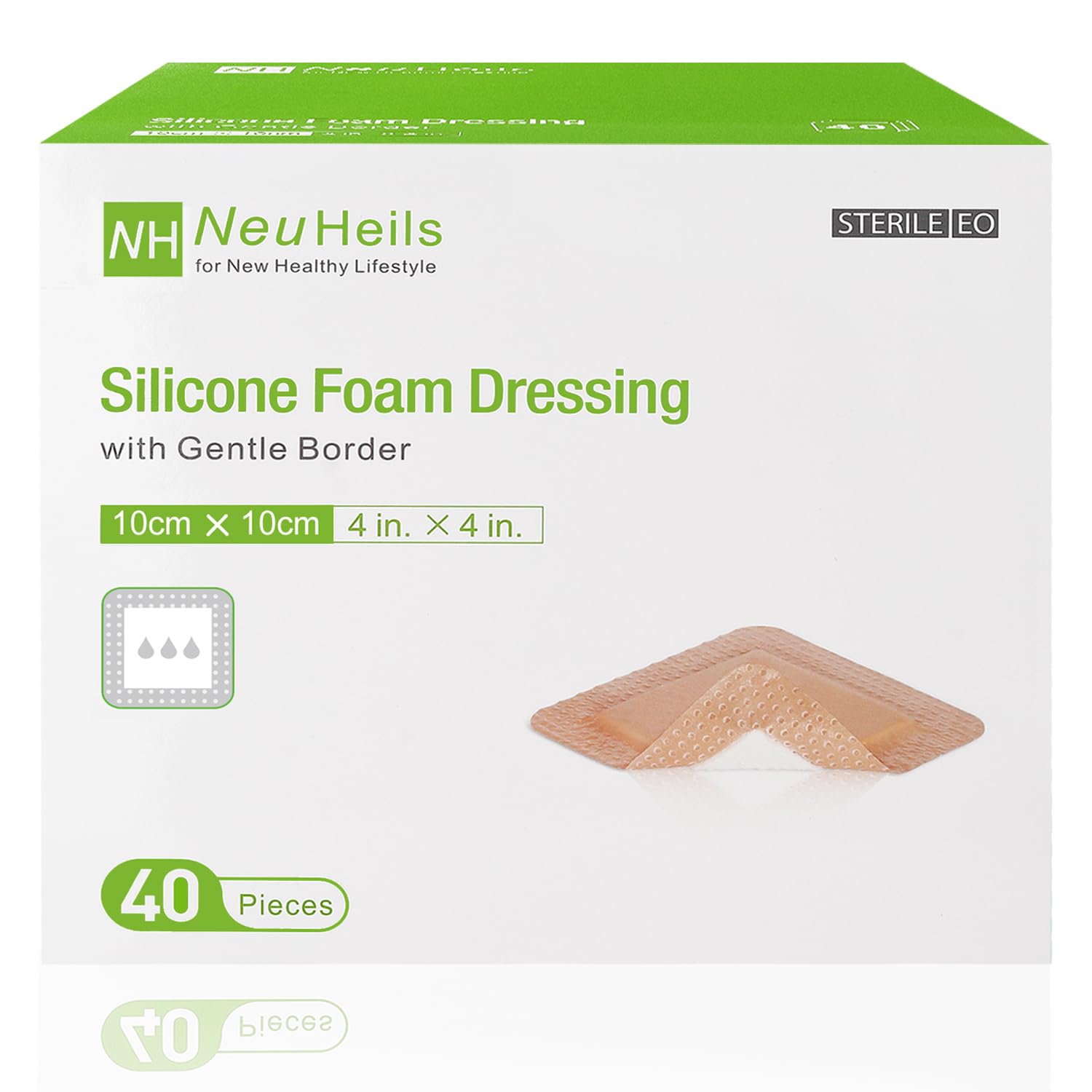 NEUHEILS silicone foam dressing with gentle border 4x4 protects fragile skin while absorbing drainage.