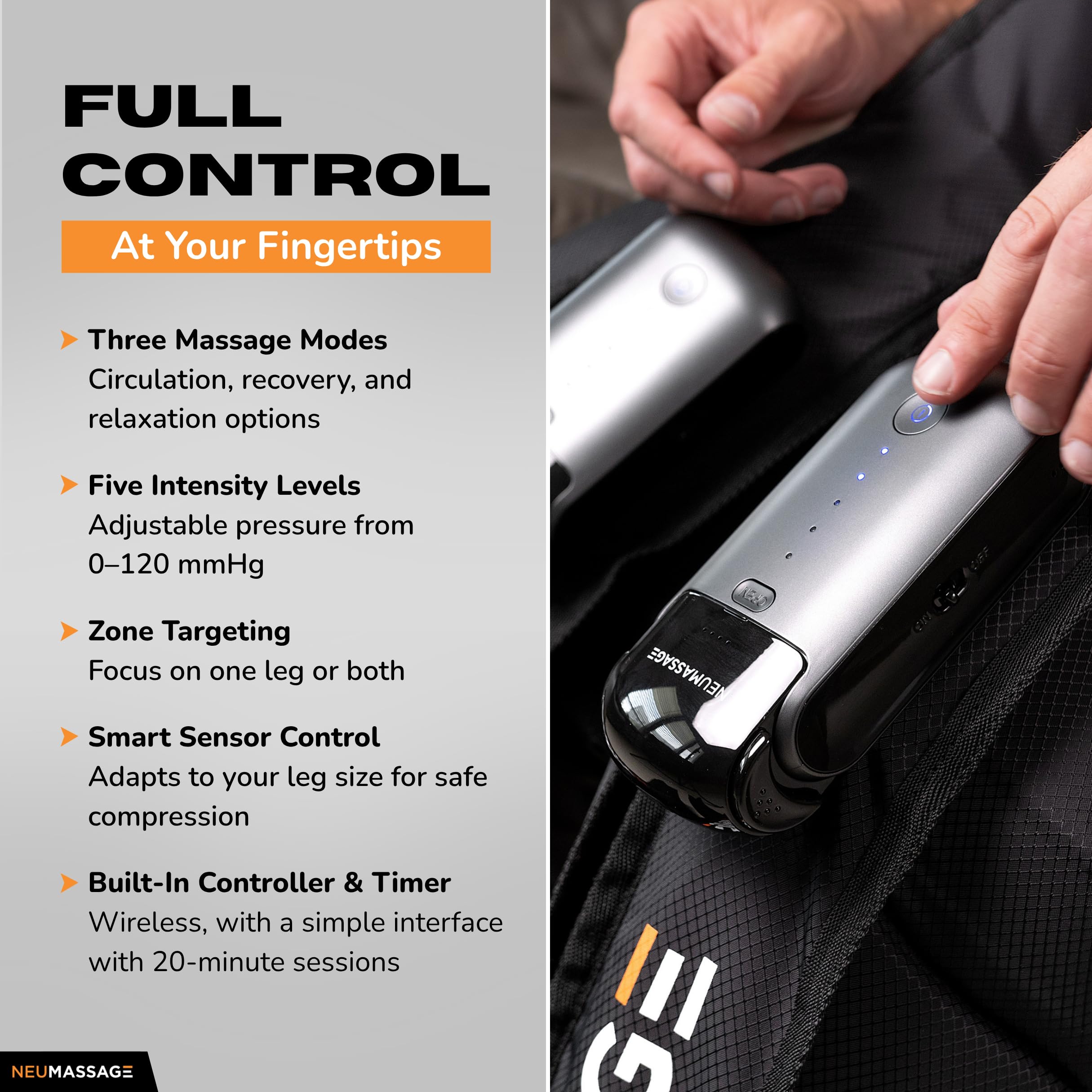 NEUMASSAGE five-chamber sleeve targets leg zones
