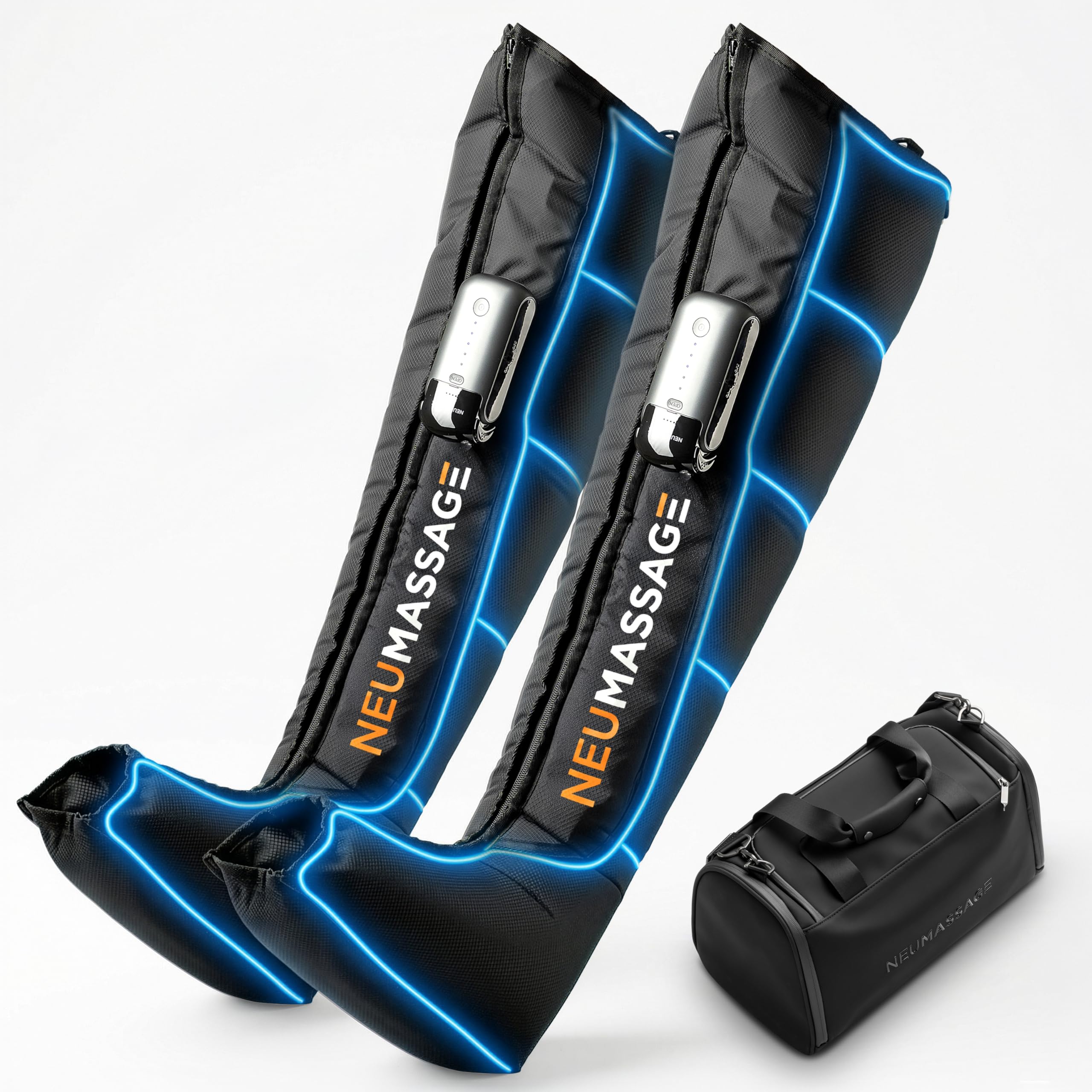 NEUMASSAGE Pro leg massager boot on, delivers targeted leg recovery and improved circulation.