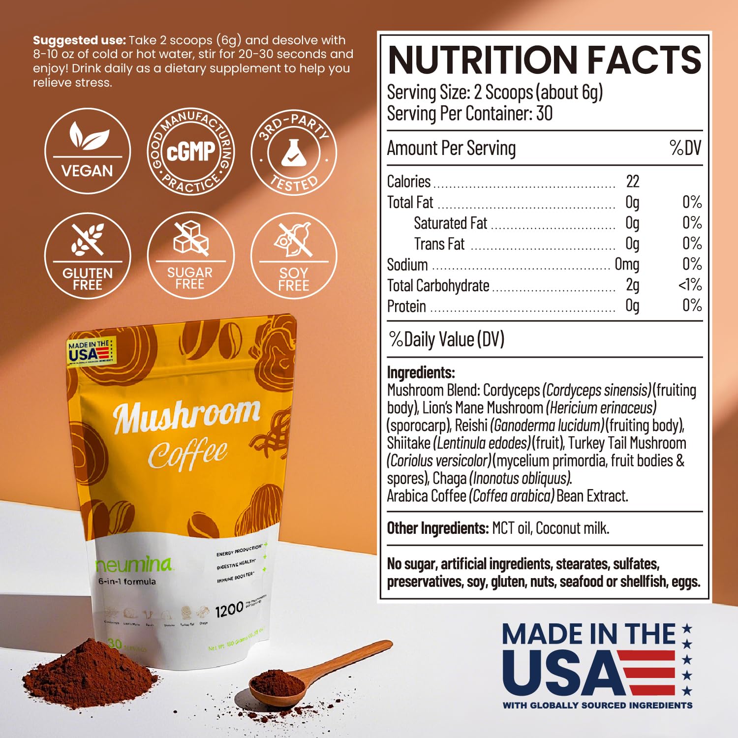 NEUMINA Mushroom Coffee cup steaming highlights smooth Americano flavor