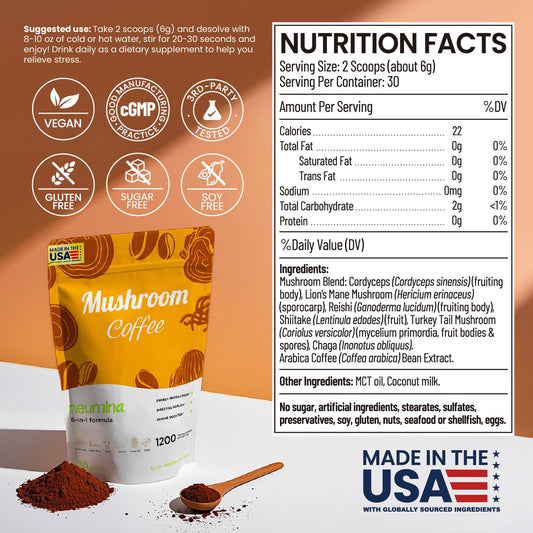 NEUMINA Mushroom Coffee cup steaming highlights smooth Americano flavor
