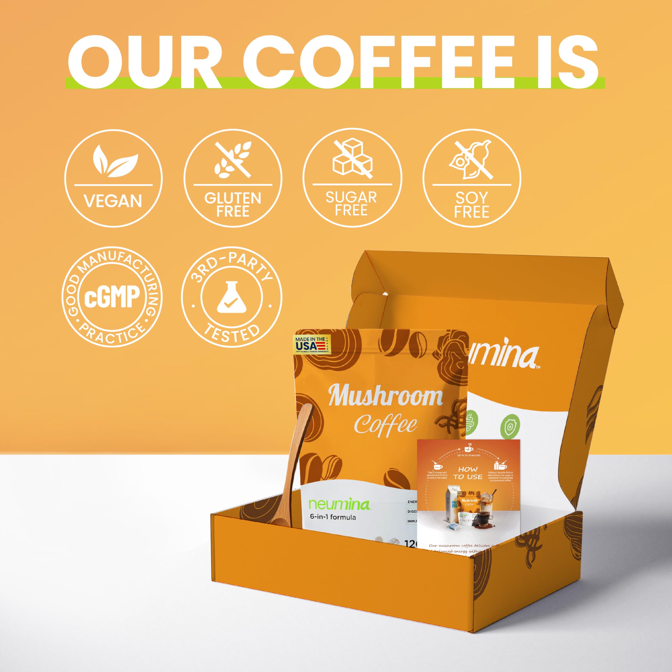 NEUMINA Mushroom Coffee nutrition label highlights vegan and allergen-free ingredients