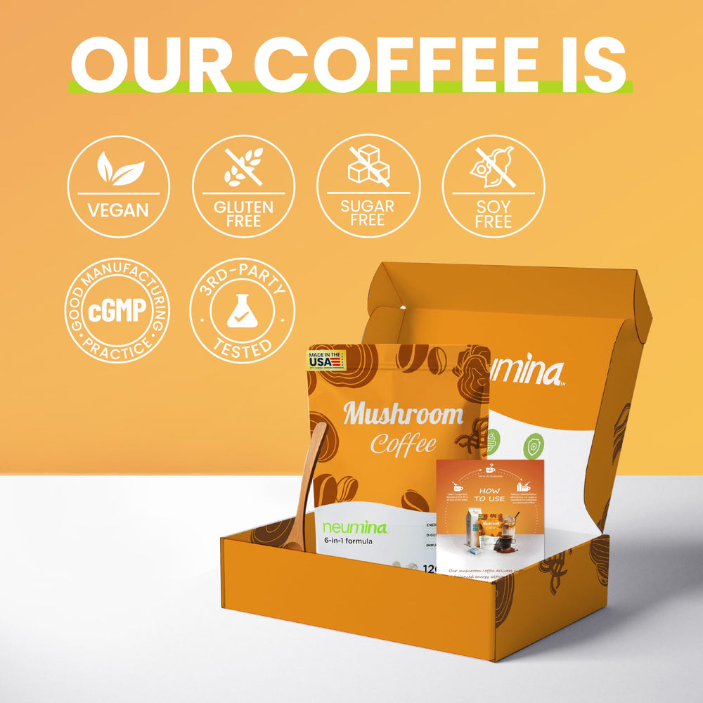 NEUMINA Mushroom Coffee nutrition label highlights vegan and allergen-free ingredients
