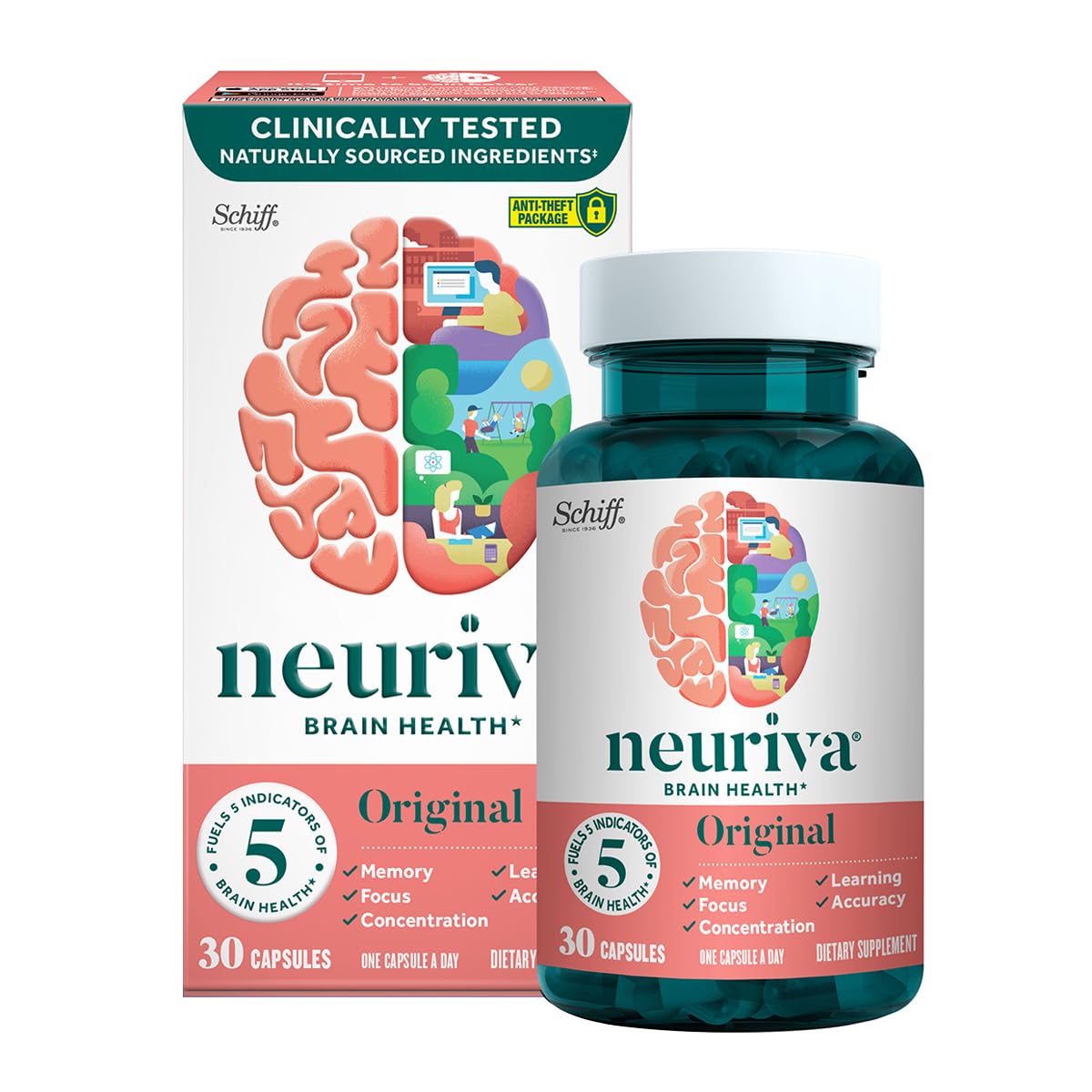 Neuriva Original bottle on a desk highlighting decaf, vegetarian formula.