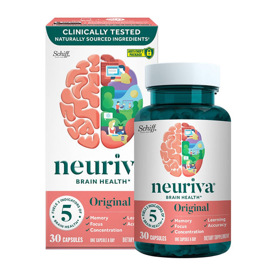 Neuriva Original bottle on a desk highlighting decaf, vegetarian formula.