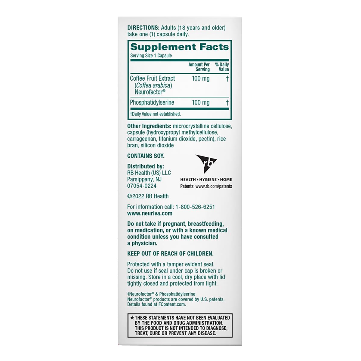 Neuriva Original label card with ingredients overview and decaf claim.