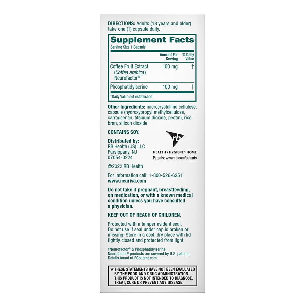 Neuriva Original label card with ingredients overview and decaf claim.
