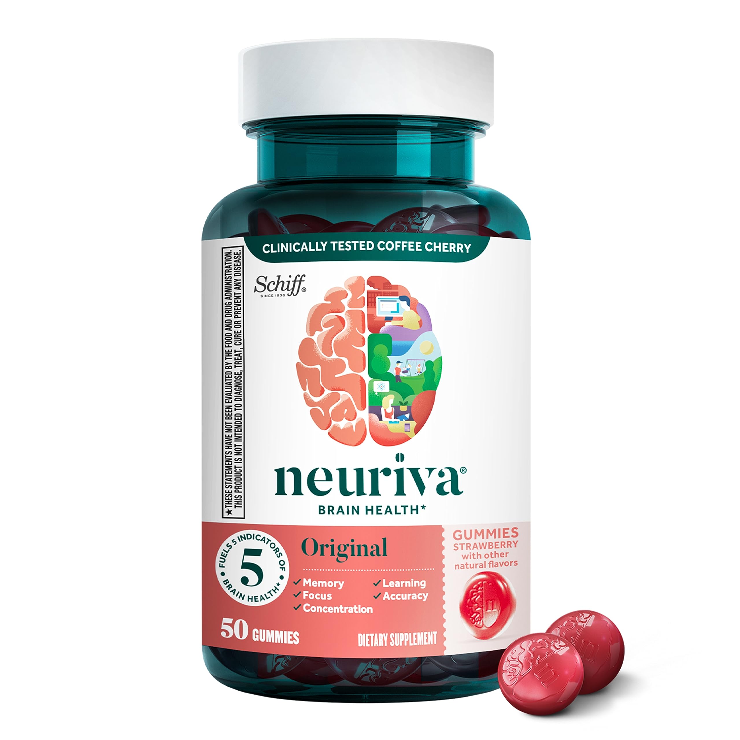 NEURIVA Original strawberry gummies front label for daily brain support.