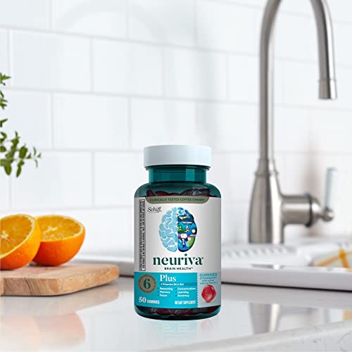 NEURIVA Plus bottle and gummy pair on table suggesting easy daily routine.