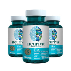 NEURIVA Plus bottle and capsules on display signaling daily brain support for focus and memory.