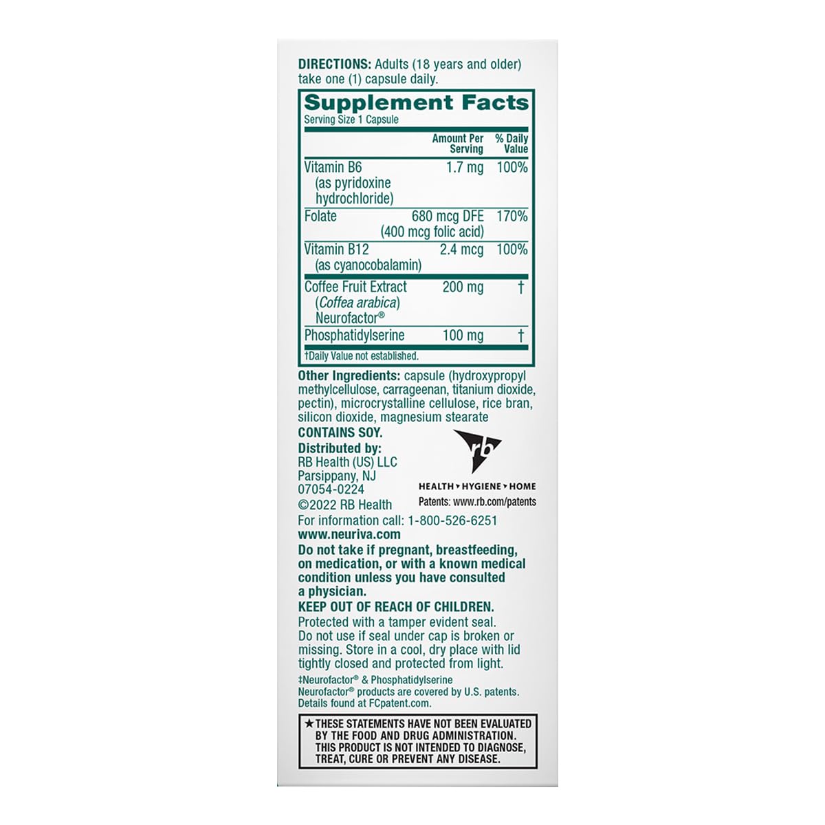 NEURIVA Plus label detail highlighting decaffeinated formula and vegetarian ingredients.