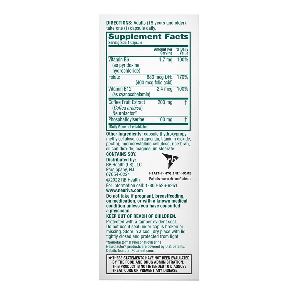 NEURIVA Plus label detail highlighting decaffeinated formula and vegetarian ingredients.