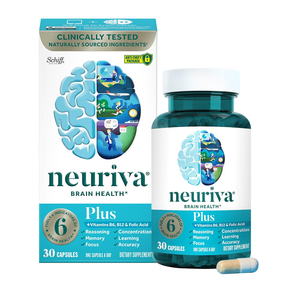 NEURIVA Plus packaging front showing a trusted brain health supplement with clinically studied ingredients.