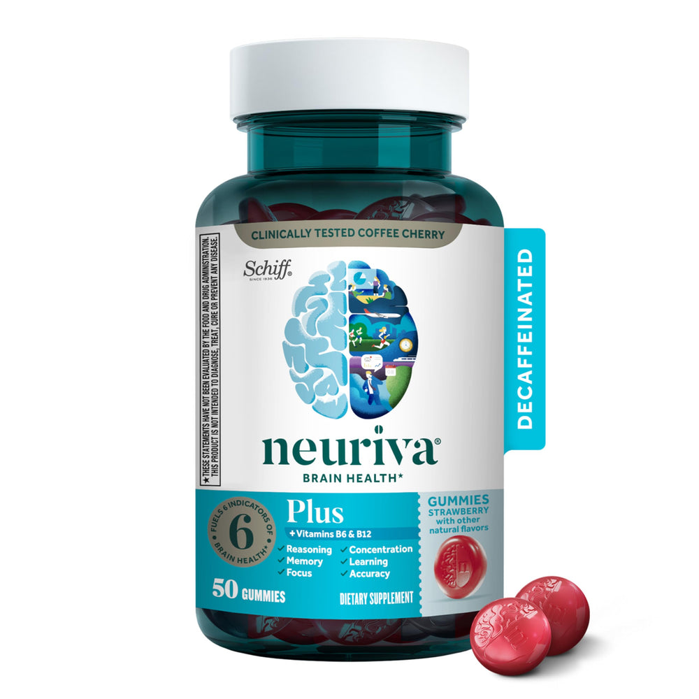 NEURIVA Plus strawberry gummies bottle shows decaffeinated brain support for daily use