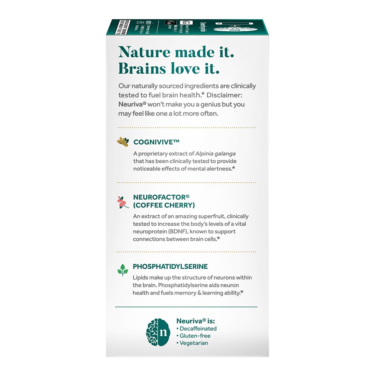 NEURIVA Ultra Decaf app screenshot hinting at brain gym tracking features.