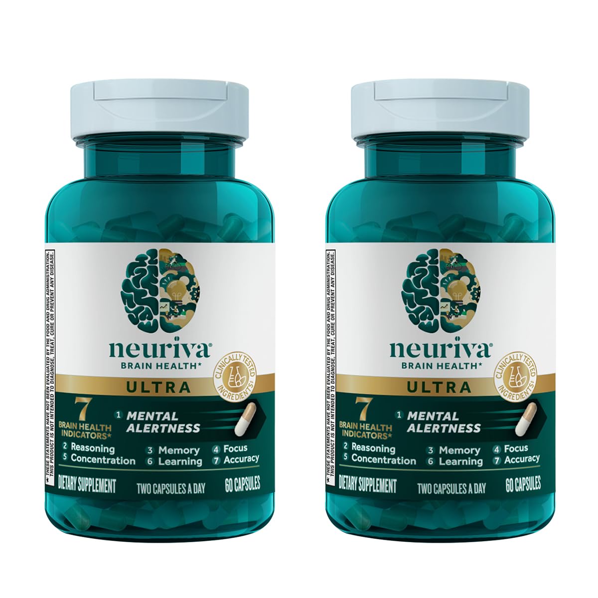 NEURIVA Ultra Decaf bottle front showcases caffeine-free brain support in a sleek packaging design.