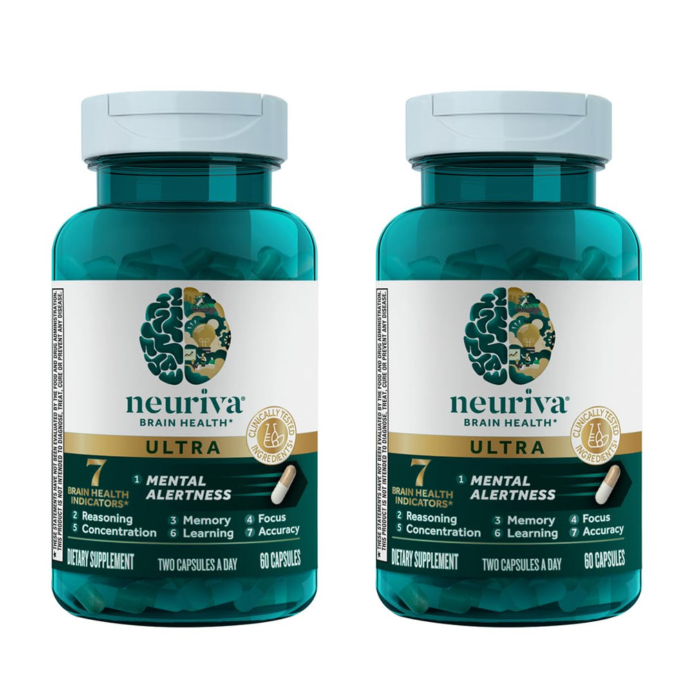 NEURIVA Ultra Decaf bottle front showcases caffeine-free brain support in a sleek packaging design.