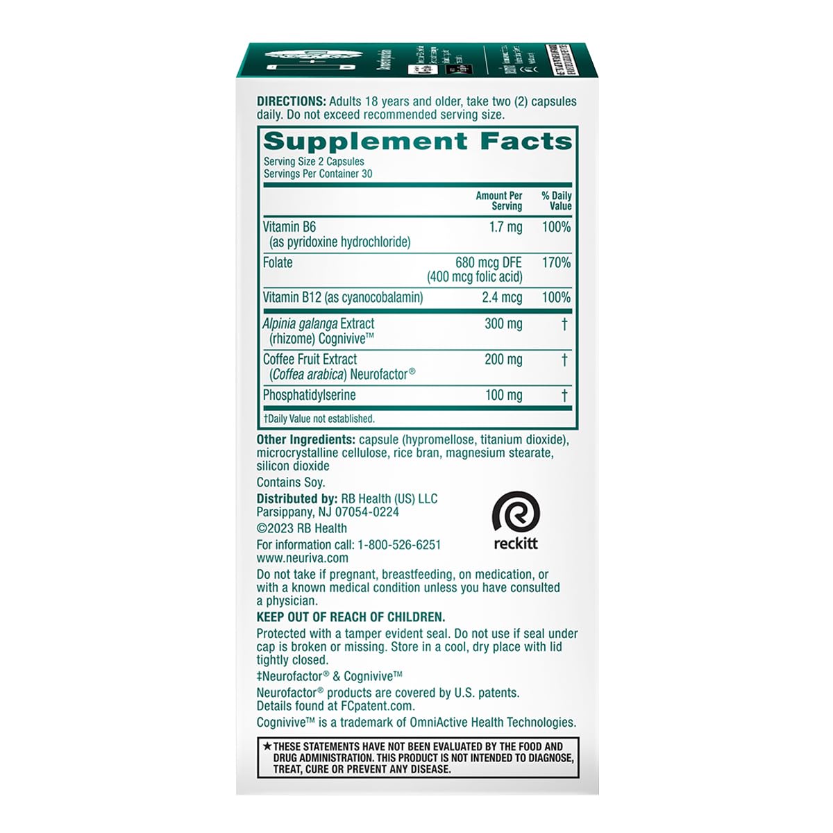 Ingredient chart for NEURIVA Ultra Decaf highlights Cognivive and B vitamins.