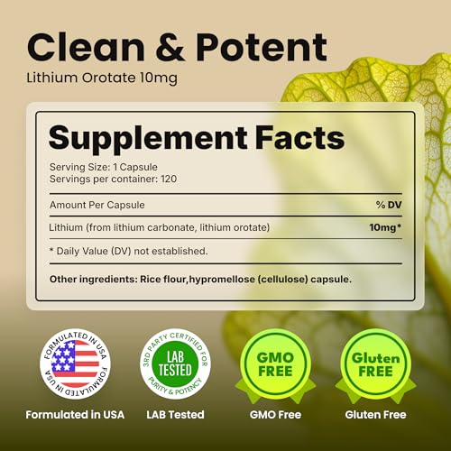 Close-up of Neuro Bloom Lithium Orotate 10mg bottle label showing dosage.