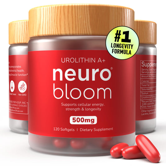 Neuro Bloom Urolithin A bottle with 120 vegan softgels for daily cellular energy support.