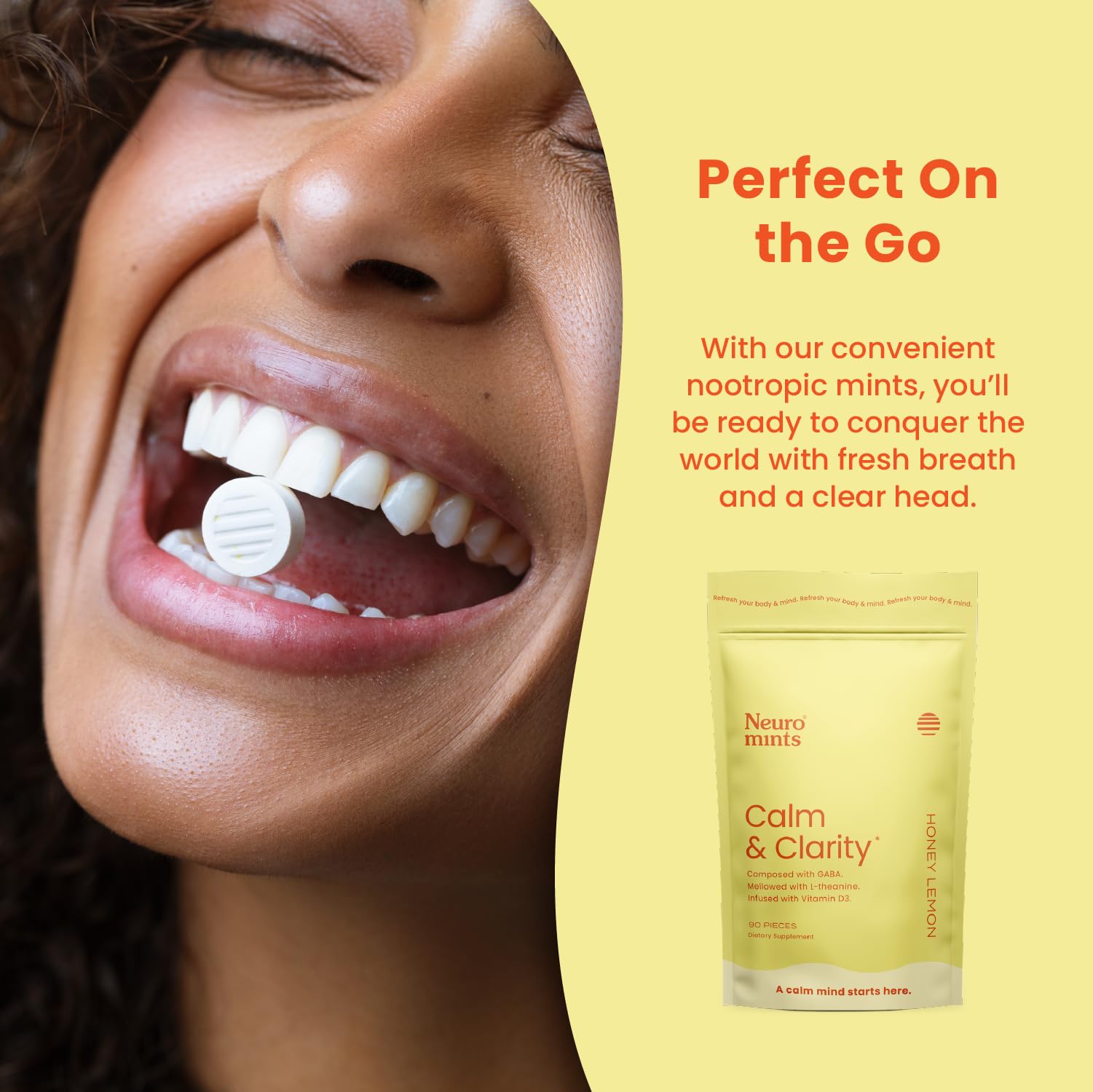 Neuro Calm and Clarity mints table-count view showcasing convenient packaging