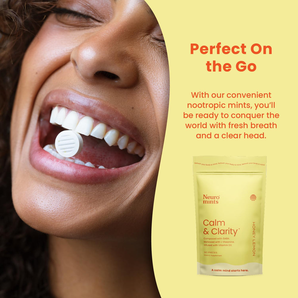 Neuro Calm and Clarity mints table-count view showcasing convenient packaging
