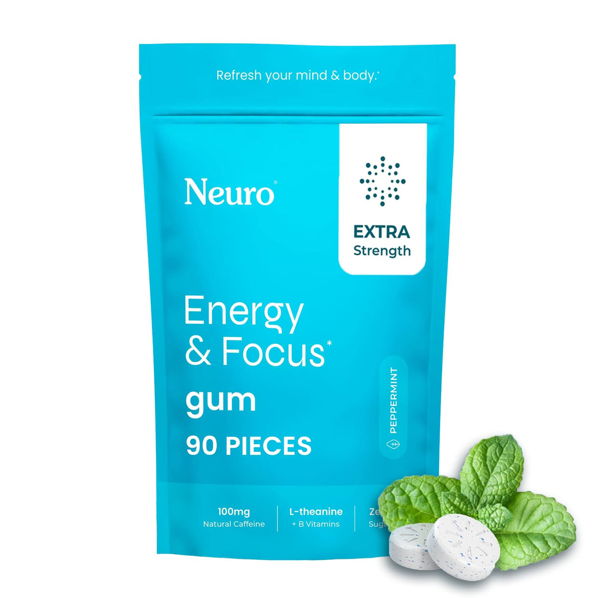 Neuro Energy & Focus Gum pack on a desk for quick daytime energy.