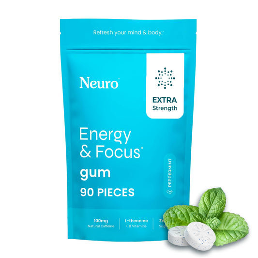 Neuro Energy & Focus Gum pack on a desk for quick daytime energy.