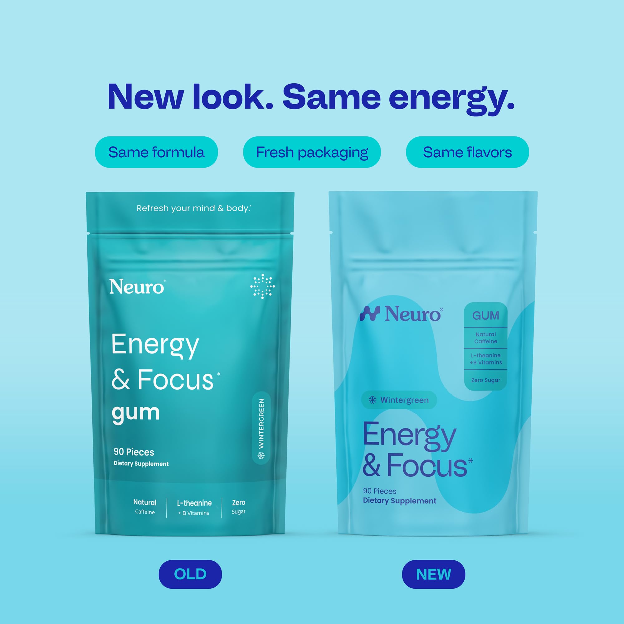 Neuro Energy & Focus Gum piece closeup shows sugar-free caffeine bite