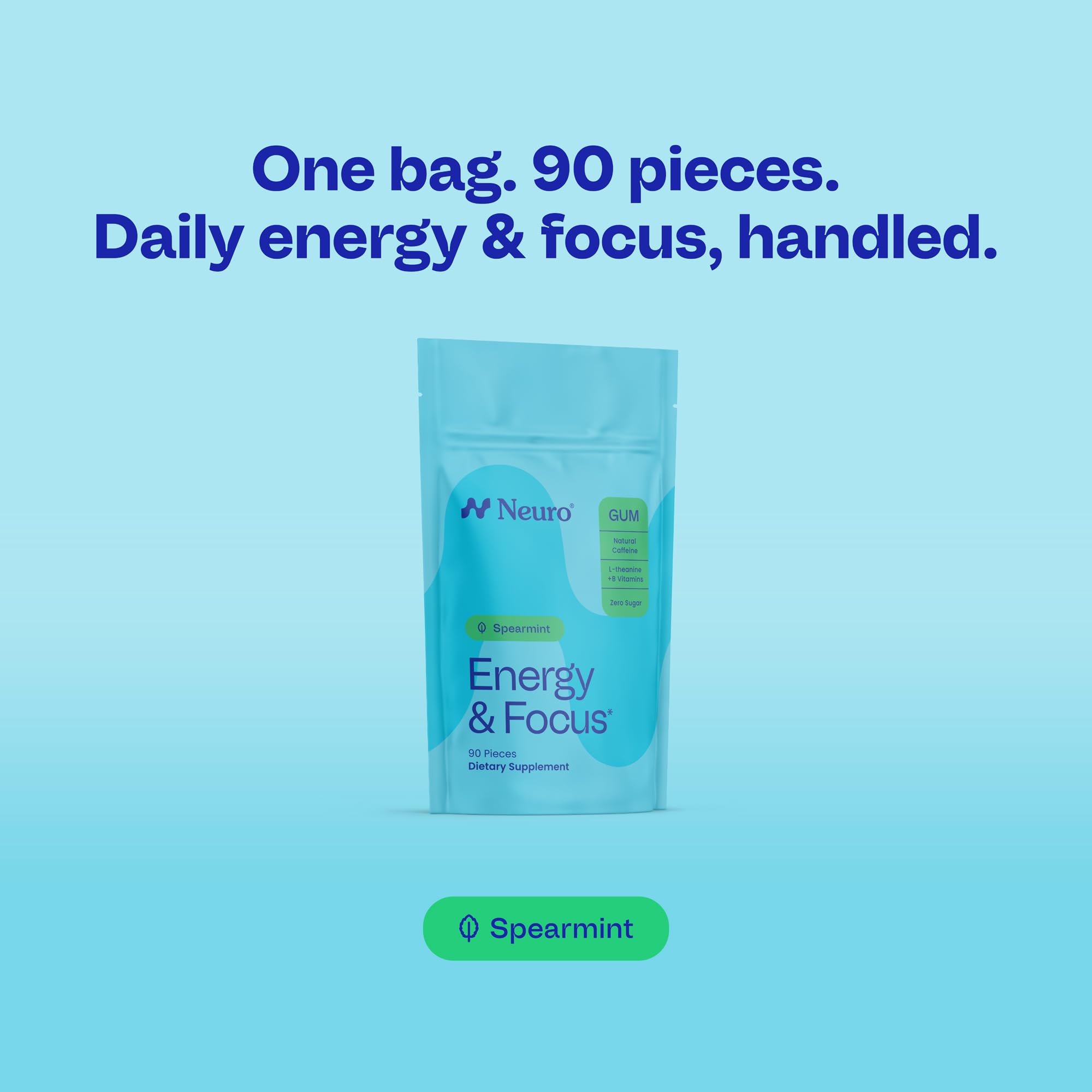 Neuro Energy & Focus Gum piece closeup highlights spearmint flavor.