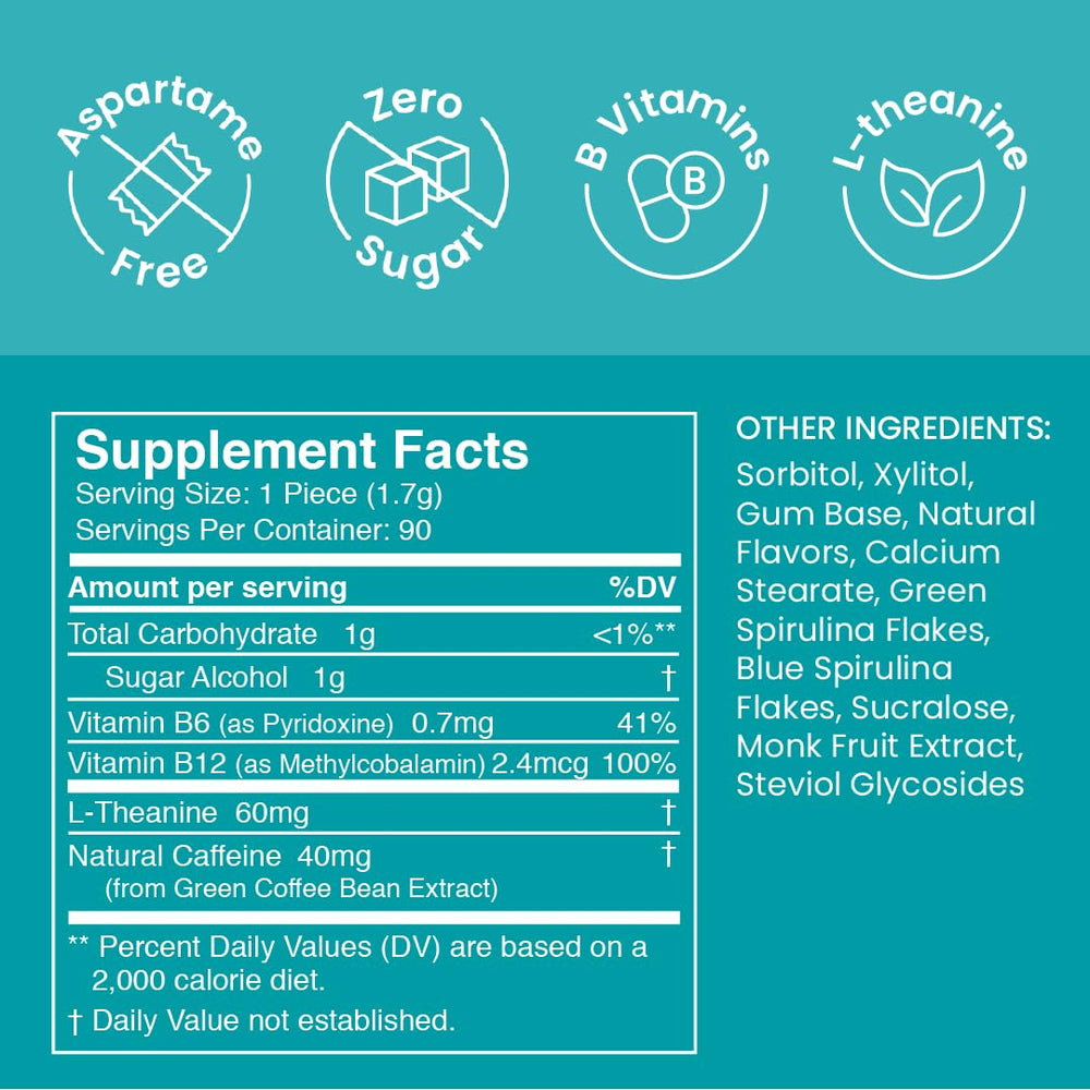 Neuro Energy & Focus Mint held between fingers shows 40 mg caffeine per piece.
