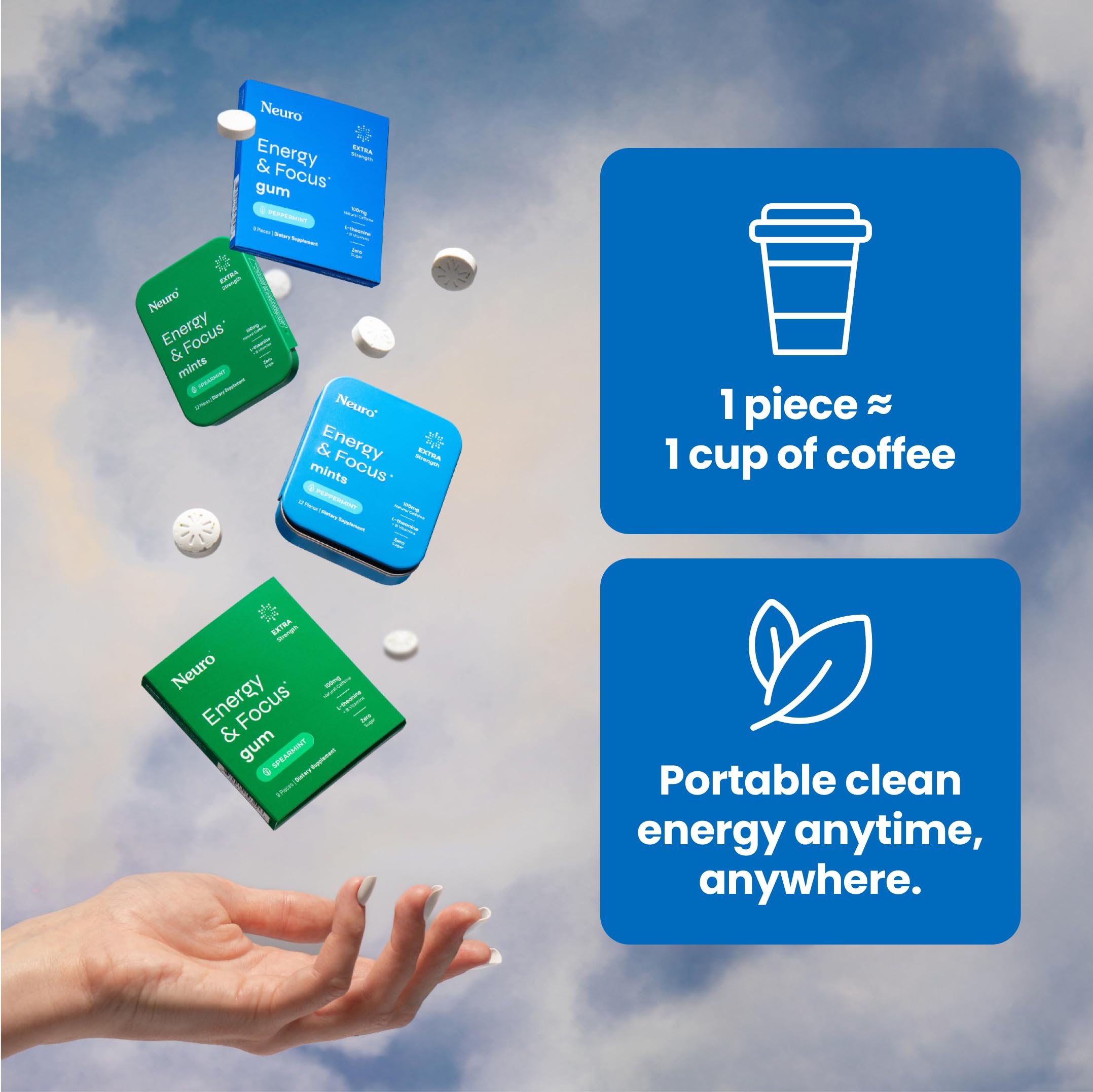 Bottle of Neuro Energy & Focus Mints indicating vegan and sugar-free formula.