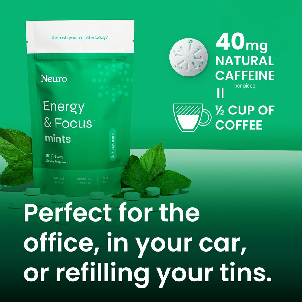 Close-up of Neuro bottle highlighting vegan, sugar-free mints with caffeine