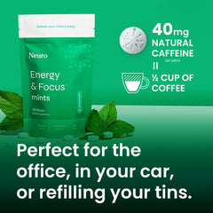 Close-up of Neuro bottle highlighting vegan, sugar-free mints with caffeine