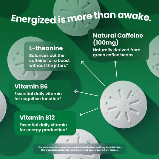 Closeup of Neuro Energy & Focus Mints showing mint texture and 100mg caffeine per mint