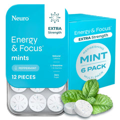 Neuro Energy & Focus Mints pack front shows sugar-free caffeine boost for focus.