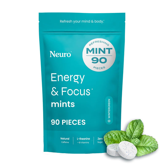 Neuro Energy & Focus Mints wintergreen packaging provides portable vegan energy.