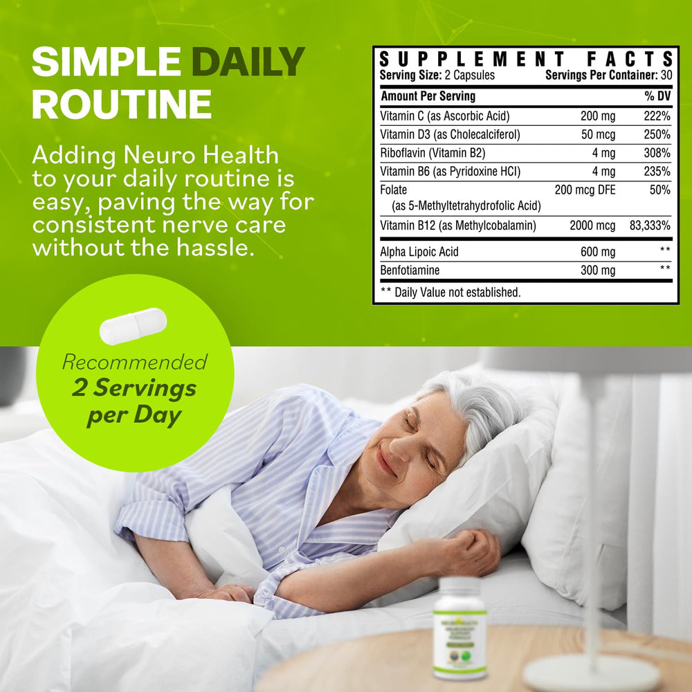 Neuro Health bottle pour demonstrates simple daily dosing for nerve wellness.