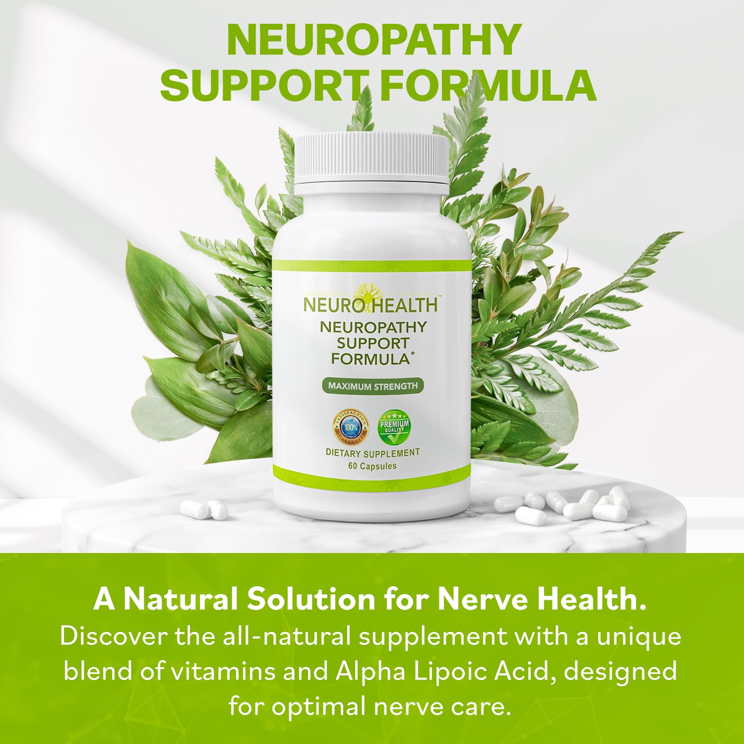 Neuro Health capsules close-up highlights the fast-absorption nerve support formulation.