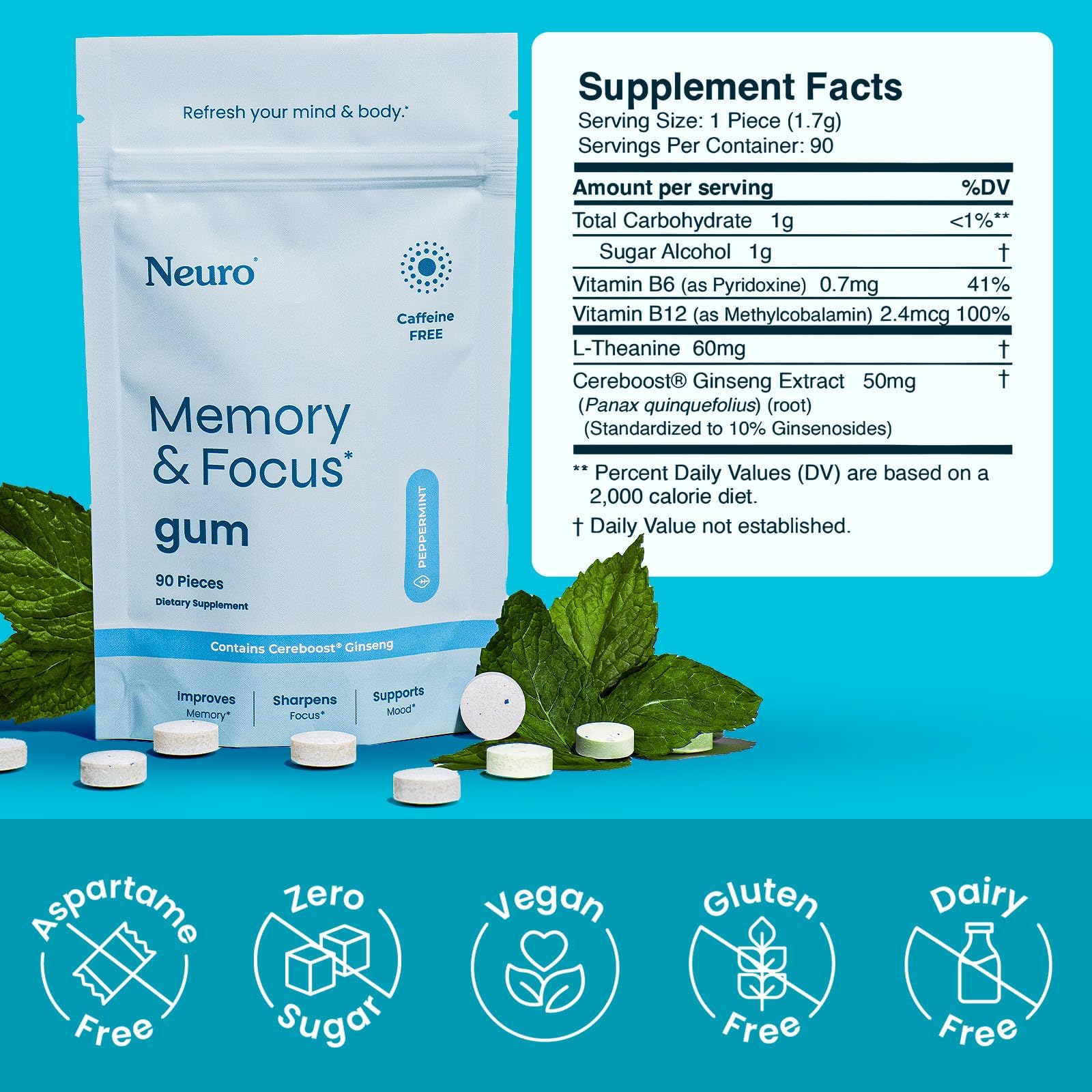 Neuro Memory & Focus Gum ingredients panel with Cereboost and B vitamins.