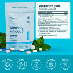 Neuro Memory & Focus Gum ingredients panel with Cereboost and B vitamins.
