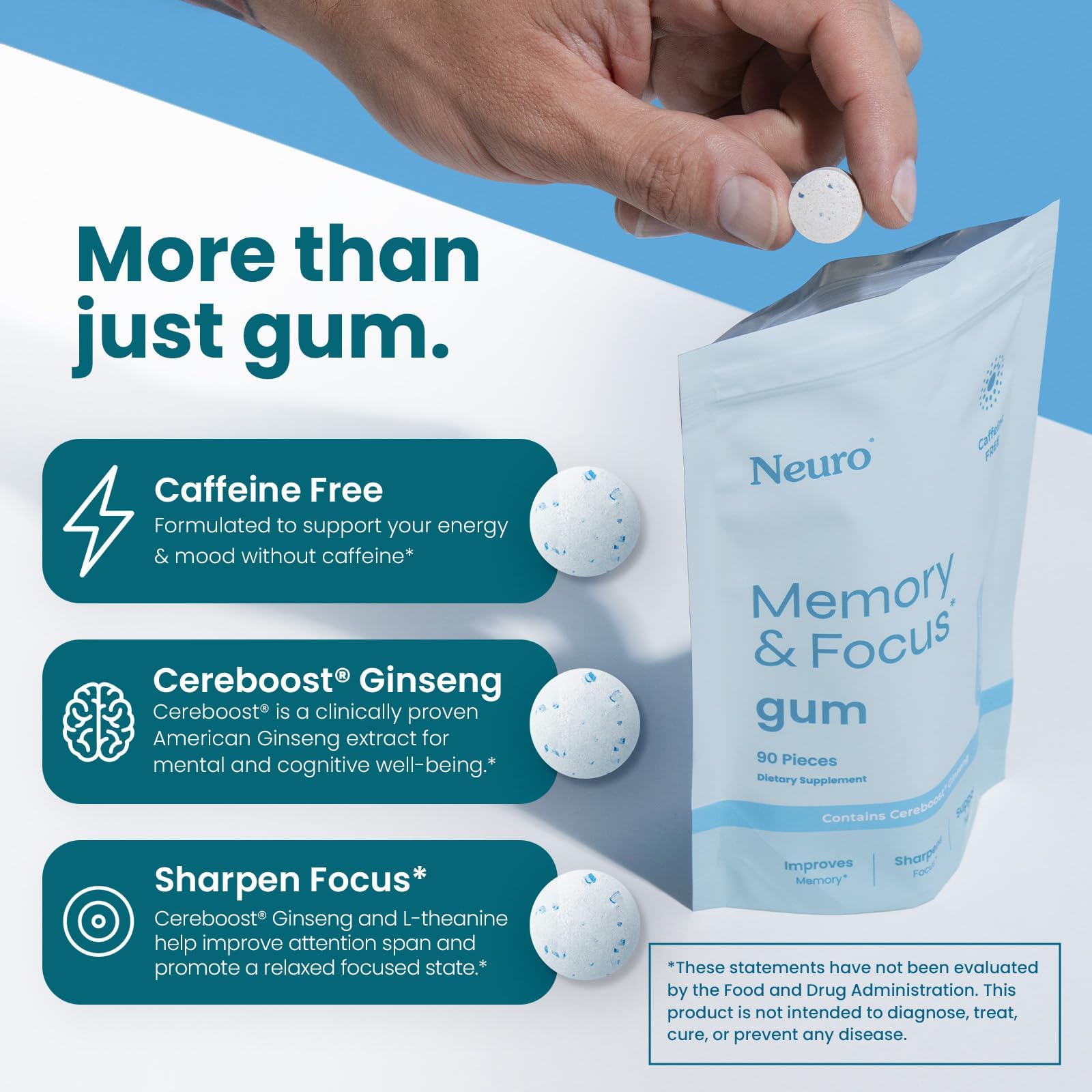 Neuro Memory & Focus Gum piece closeup showing sugar-free chew texture.