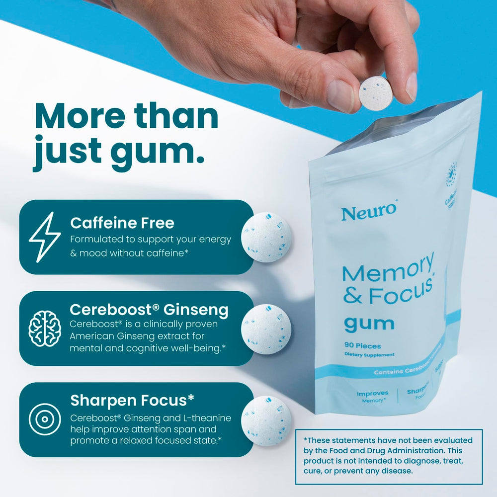 Neuro Memory & Focus Gum piece closeup showing sugar-free chew texture.