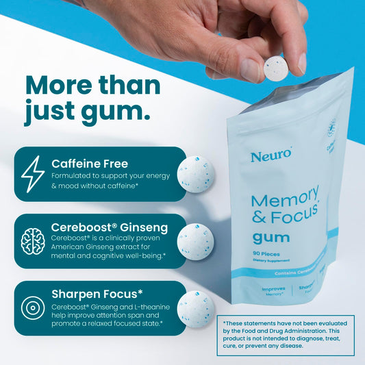 Neuro Memory & Focus Gum piece closeup showing sugar-free chew texture.