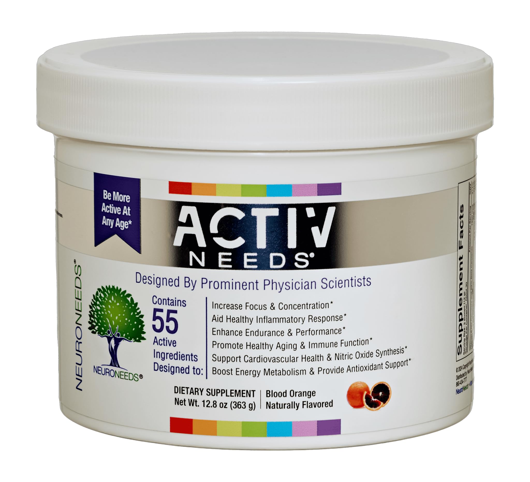 Neuro Needs ActivNeeds bottle showing 55-ingredient energy blend for daily vitality.