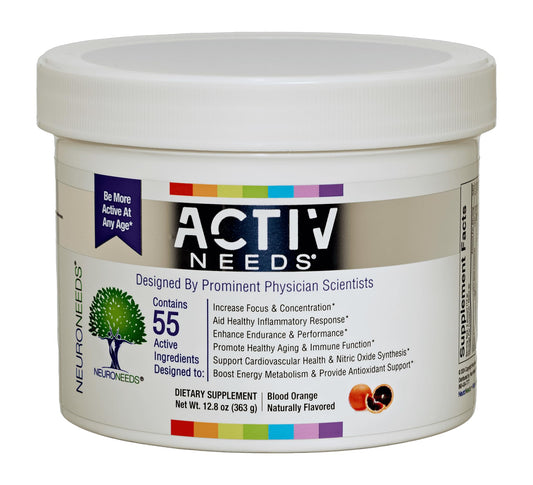 Neuro Needs ActivNeeds bottle showing 55-ingredient energy blend for daily vitality.