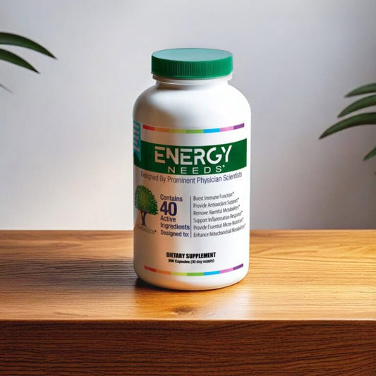 EnergyNeeds label closeup showing the comprehensive nutrient blend.