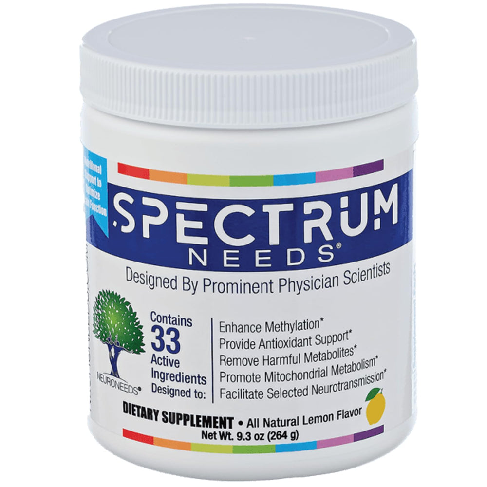 SpectrumNeeds lemon bottle front view supporting daily energy and antioxidant defense.